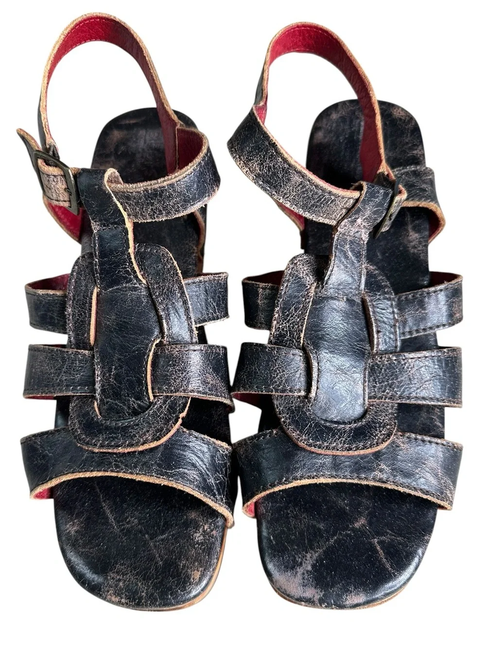 Bed Stu Platform Sandal - Fabiola. Black Distressed Leather. Size 10
